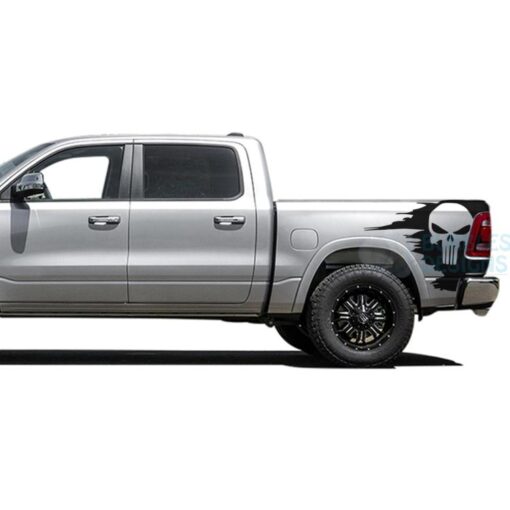 Punisher Skull Sticker Bed Decals Graphics Vinyl For Dodge Ram Crew Cab 1500 Black / 2019-Present